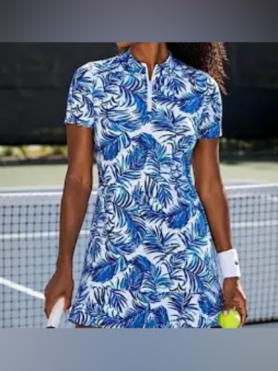 Tommy Bahama Dresses & Skirts - Tommy Bahama XS Women’s 1/4 Zip Golf Ruffle Polo Dress Blue White Tropical